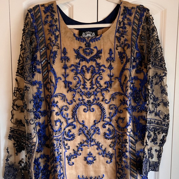 HSY by Hassan Shehreyar Yasin Gold Navy Blue Heavy Formal 3-Piece Size S - Picture 5 of 9